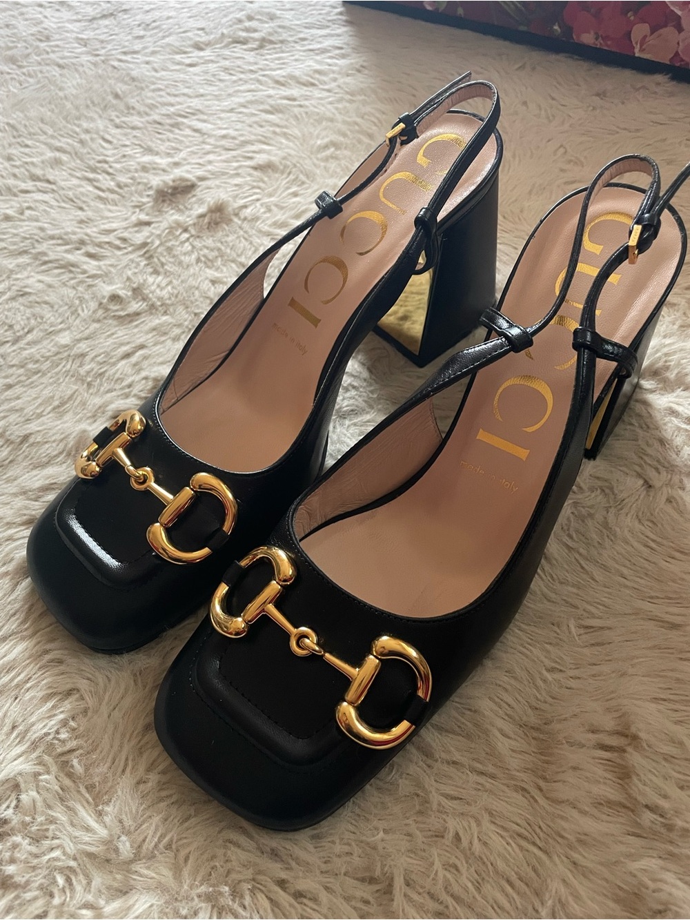 Gucci Black Leather Slingback Heels with Gold Horsebit